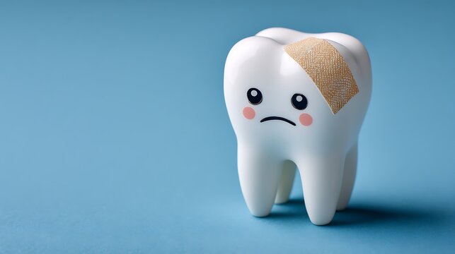 High quality image of cute Sad 3D Tooth Character with Pink Cheeks and Bandage for Dental Care Concept.