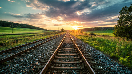 Fototapeta premium Railway tracks leading to horizon at sunset, vanishing point, progress, journey, and a bright future concept