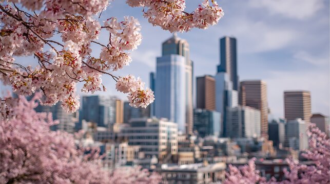 High quality image of beautiful cherry blossoms in bloom with the Seattle city skyline in the background.