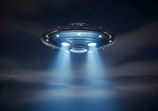 A mysterious flying saucer, an advanced extraterrestrial craft, descends through the cloudy night sky, casting powerful light beams below, hinting at an unknown presence
