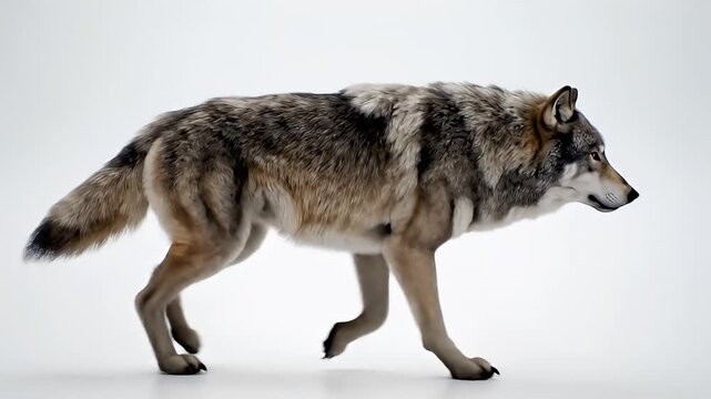 Majestic gray wolf walking on white background in profile view