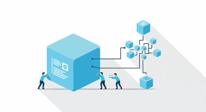Tiny people connecting small blocks to a large cube, representing data integration, system architecture, and teamwork in business.