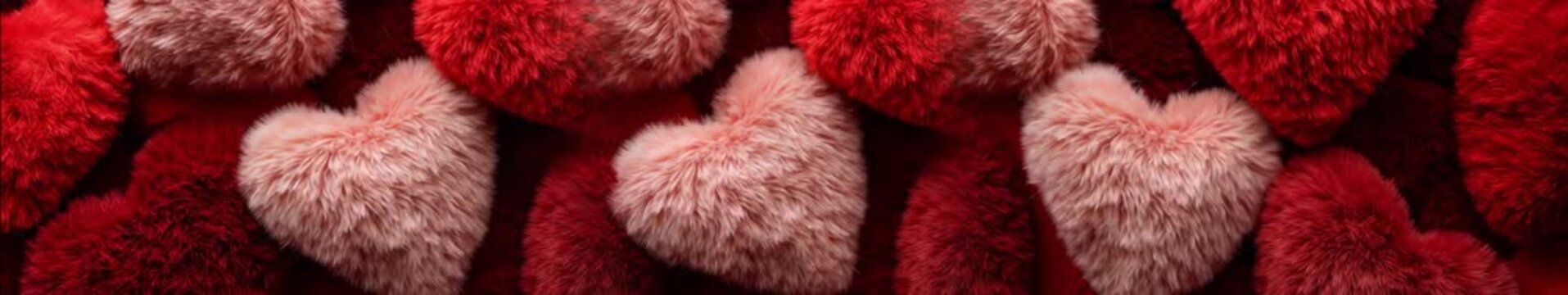 Fluffy Fur Heart Texture Banner in Red and Pink, Cozy Plush Pattern Background | Widescreen | Panoramic | 4K Seamless Loop