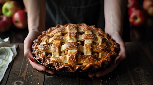 Fresh homemade apple pie held in hands, rustic baking and comfort food concept.