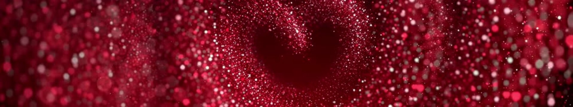 Sparkling Red Glitter Heart Particle Banner, Shimmering Bokeh Love Background | Widescreen | Panoramic | 4K Seamless Loop