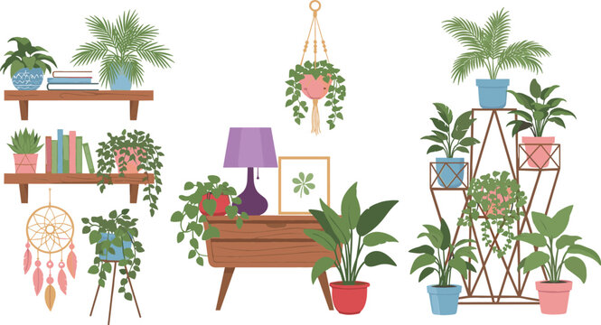 Flat vector illustration set of indoor houseplants on wooden shelves, a side table, and an architectural metal stand