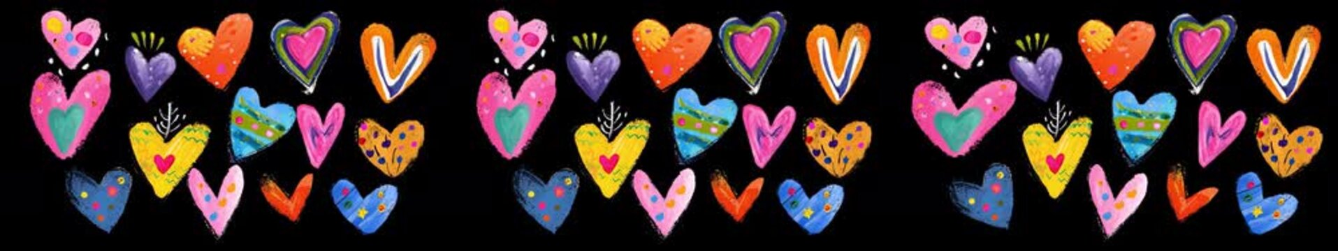 Colorful Hand Drawn Hearts Border Banner on Black Background, Cute Doodle Pattern | Widescreen | Panoramic | 4K Seamless Loop