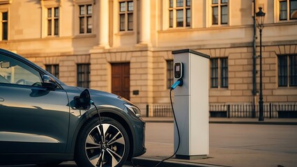 Electric Car Charging on City Street.