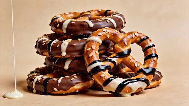 Stacked pretzels with chocolate and sesame