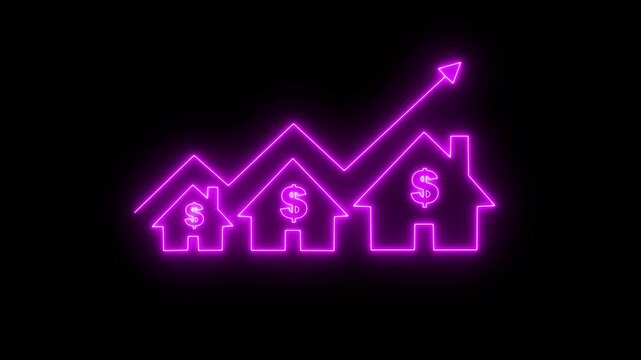 Home icon house sign neon lights animation with up arrow Dollar increase. Neon House, home building animation. Neon line of Dollar sign with up arrow inside house icon on transparent background. 4K..