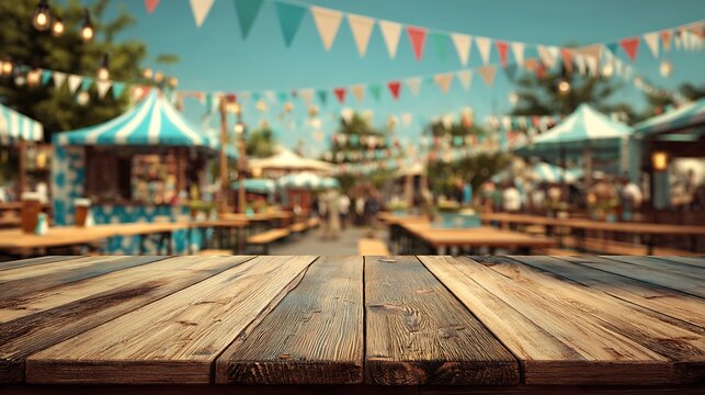 High quality image of empty wooden table with blurry outdoor fairground and festival background.