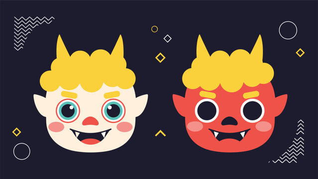 Two playful demon or oni heads for setsubun, featuring a yellow and a red demon with horns and sharp teeth on a dark background.