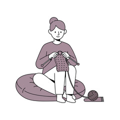 Serene person enjoying a cozy leisure activity, knitting with yarn and needles, vector art.