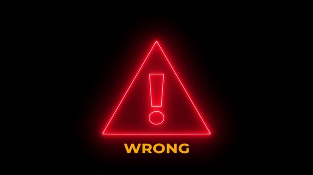 Exclamation mark warning symbol inside triangle frame with text wrong on black background alert attension sign animation.
