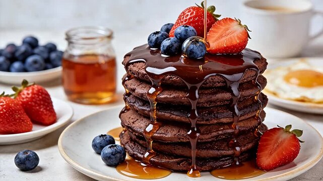 Stack of chocolate pancakes with fruit and syrup