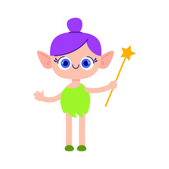 Cute forest Fairy Character with purple hair Holding Star Wand