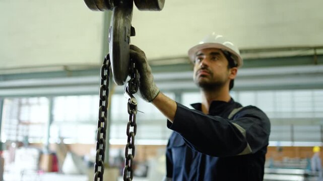Professional male industrial worker in a hard hat and navy uniform inspects a heavy-duty chain hoist and crane hook inside a factory, wiping sweat from his forehead after a hard day of manual labor