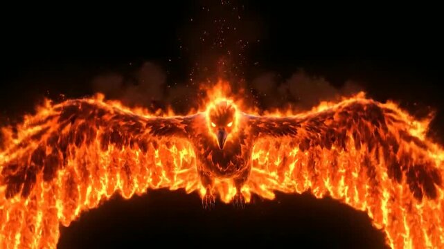 Blazing phoenix bird with fiery wings and flames, for dramatic or mythological concept, overlay effect or website background