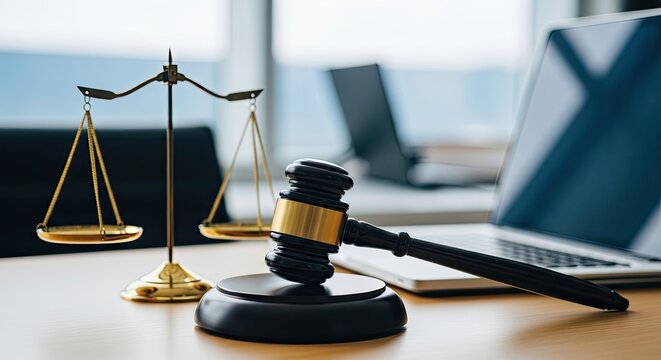 Law and justice symbols on a desk