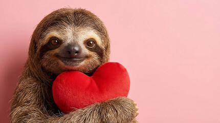 Naklejka premium Adorable sloth holding red heart on pink background, cute romantic animal portrait for Valentine’s Day, love and kindness concept, fantasy illustration for greeting cards, social media, branding, and 