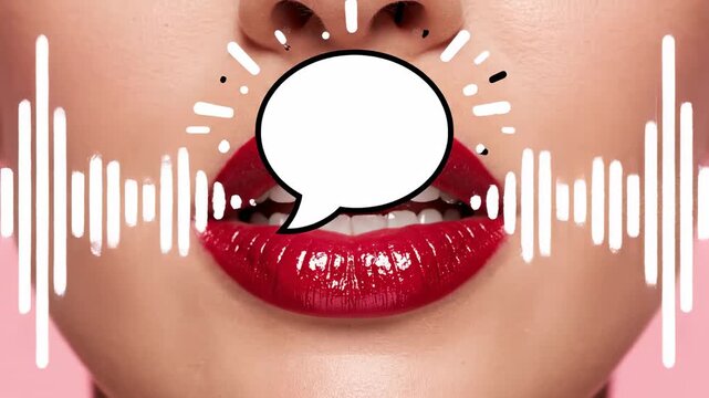 Creative contemporary art collage with a female mouth talking, showing a white animated audio waveform and a comic style speech bubble emerging, illustrating the concept of communication and voice