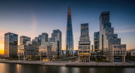 Obraz premium Modern cityscape with skyscrapers silhouetted against a sunset sky