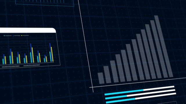Growing business bar chart with digital technology elements blue and white. hi-tech hud element and grid. Camera movement with depth of field.