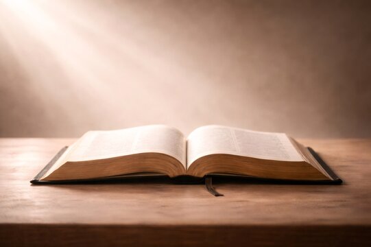 Holy bible open on wooden table receiving divine light