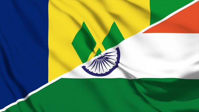 Waving flags of Saint Vincent and the Grenadines and India in a split screen diagonal composition