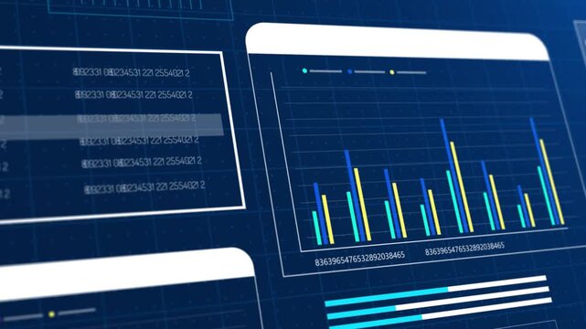 Growing business bar chart with digital technology elements blue and white. hi-tech hud element and grid. Camera movement with depth of field.