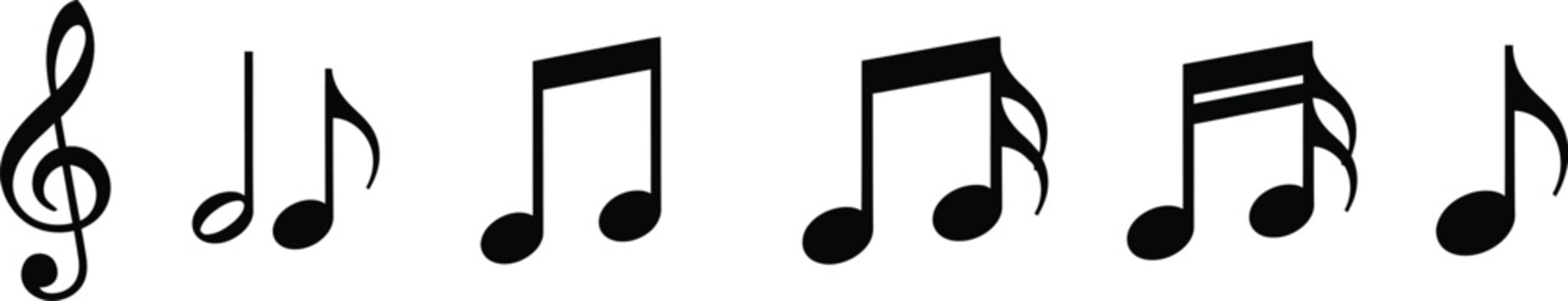 A collection of black musical notes and symbols including a treble clef, quarter notes, eighth notes, and sixteenth notes arranged horizontally on a white background.