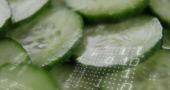 Dotted field appearing starting grid sweeping over cucumber slices pulsing binary mapping freshness
