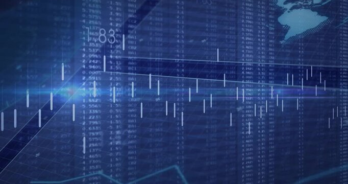 Data feed updating, candlestick chart shifting and line-graph rising, visualizing market trends