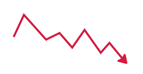 Red downward zigzag arrow showing decline trend loss graph icon for business, analytics, finance,...