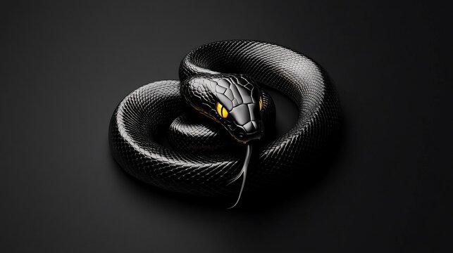 Coiled glossy black snake with piercing gaze