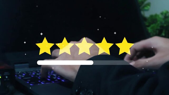 User gives a five star rating on laptop screen for customer satisfaction survey. Concept for excellent service feedback, business reputation, consumer experience.
