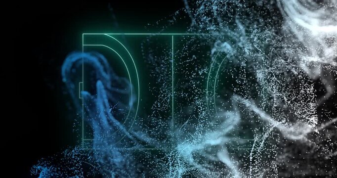 Particle ribbons initiating neon green outline fading, blue white strands forming logo-like reveal