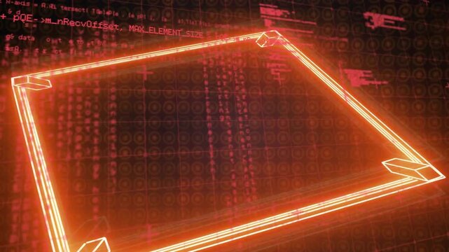 Neon streaks sweeping, tracing and connecting, forming pulsing rectangle, highlighting code grid