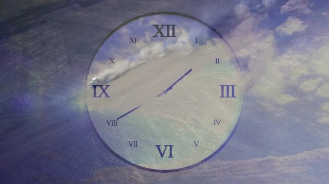 Plane entering top-left keeping clock rotating while duster spraying fields showing time passing
