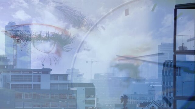 Clock hand starting upright advancing across skyline while ghosted female face fading to show time