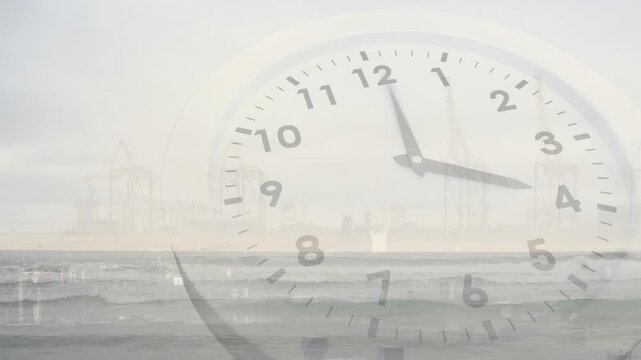 Clock overlay appearing on harbor horizon, minute hand advancing, hour hand creeping, showing time