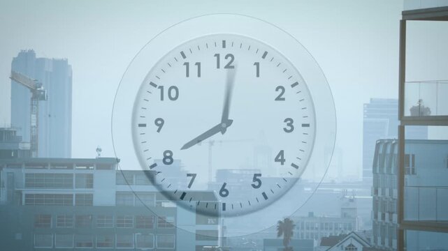 On play, translucent analog clock hands sweeping clockwise over rooftop skyline, showing time-lapse