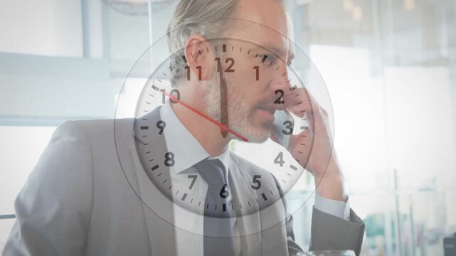 Business exec taking phone call at desk, clock overlay showing seconds, reacting to urgent deadline