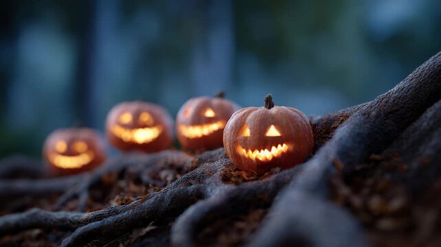 Carved pumpkins with glowing faces resting on the gnarled roots of a tree in a dark, spooky forest at night, creating a festive and eerie atmosphere for the halloween holiday celebration