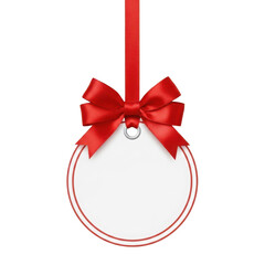 A white christmas ornament with a red ribbon isolated on transparent background