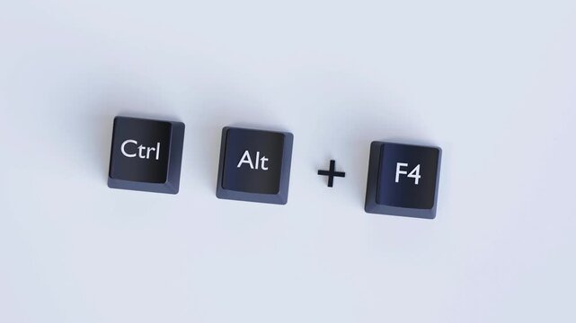 4K 3D Video Animation Ctrl + Alt + F4 Keyboard Shortcut Keys, Application Close and Task Management Concept on Light Gray Background