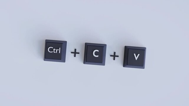4K 3D Video Animation: Ctrl + C + V Keyboard Shortcut Sequence, Copy Paste Workflow and Productivity Concept on Light Gray Background