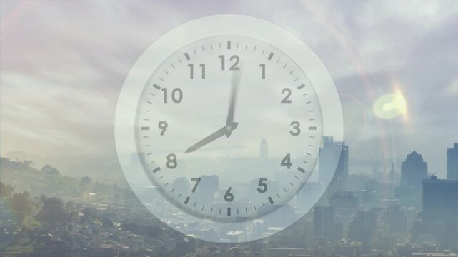 Sun appearing, ghosted clock hands rotating, skyline shifting night-to-dawn, conveying time passage