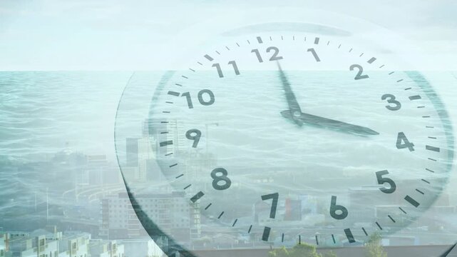 On play faint clock face appearing, clock hands sweeping clockwise, marking time over coastline