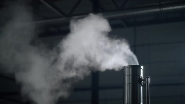 Steam rising from industrial chimney in dark warehouse